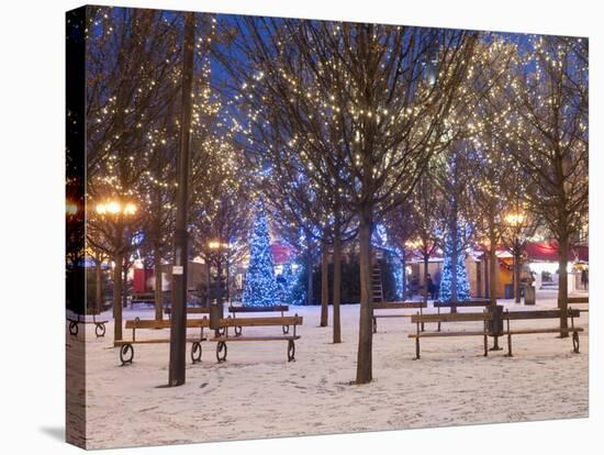 Christmas Decoration at Old Town Square's Park at Twilight, Stare Mesto, Prague, Czech Republic-Richard Nebesky-Stretched Canvas