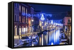 Christmas Decoration on a Canal at Night, Murano, Venice, UNESCO World Heritage Site, Veneto, Italy-Christian Kober-Framed Stretched Canvas