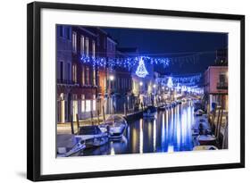 Christmas Decoration on a Canal at Night, Murano, Venice, UNESCO World Heritage Site, Veneto, Italy-Christian Kober-Framed Photographic Print