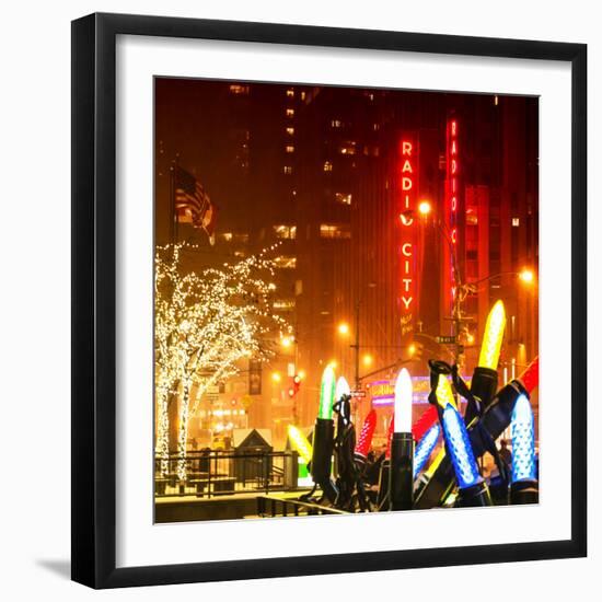 Christmas Decorations in front of the Radio City Music Hall in the Snow on a Winter Night-Philippe Hugonnard-Framed Premium Photographic Print