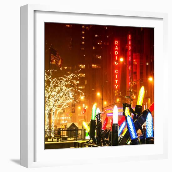 Christmas Decorations in front of the Radio City Music Hall in the Snow on a Winter Night-Philippe Hugonnard-Framed Photographic Print