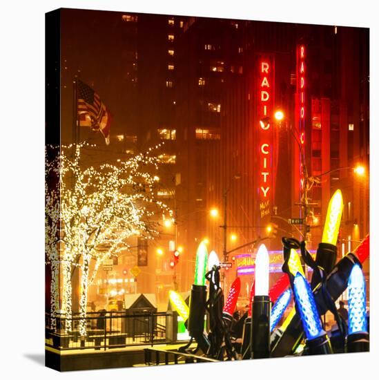 Christmas Decorations in front of the Radio City Music Hall in the Snow on a Winter Night-Philippe Hugonnard-Stretched Canvas