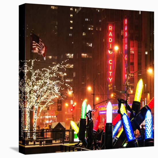 Christmas Decorations in front of the Radio City Music Hall in the Snow on a Winter Night-Philippe Hugonnard-Stretched Canvas