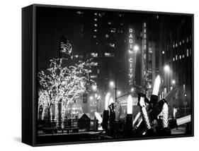 Christmas Decorations in front of the Radio City Music Hall in the Snow on a Winter Night-Philippe Hugonnard-Framed Stretched Canvas
