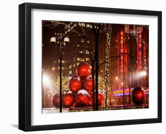 Christmas Decorations in front of the Radio City Music Hall in the Snow-Philippe Hugonnard-Framed Art Print