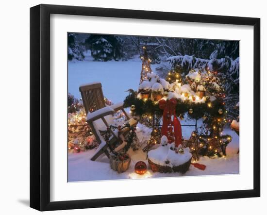 Christmas Decorations on a Snowy Terrace-Elke Borkowski-Framed Photographic Print