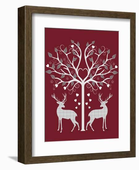 Christmas Des - Deer and Heart Tree, Grey on Red-Fab Funky-Framed Art Print