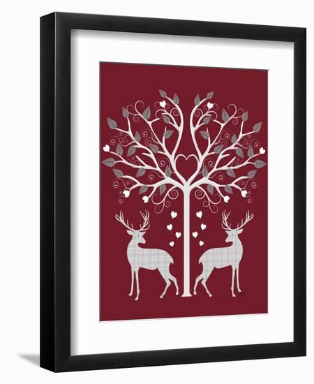Christmas Des - Deer and Heart Tree, Grey on Red-Fab Funky-Framed Art Print