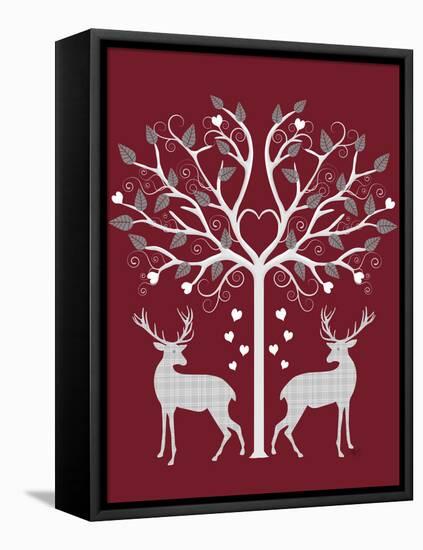 Christmas Des - Deer and Heart Tree, Grey on Red-Fab Funky-Framed Stretched Canvas