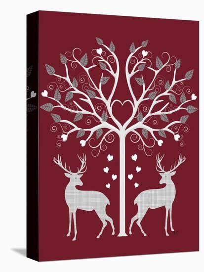 Christmas Des - Deer and Heart Tree, Grey on Red-Fab Funky-Stretched Canvas