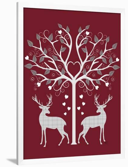 Christmas Des - Deer and Heart Tree, Grey on Red-Fab Funky-Framed Art Print