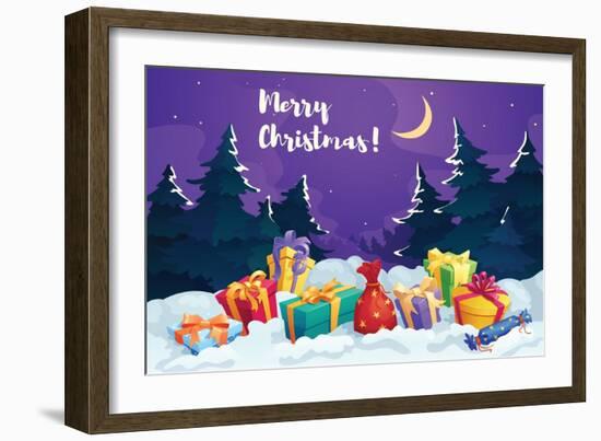 Christmas Gift Box in Snow Greeting Card. Christmas Present Box and Santa Gift Bag with Red Ribbon-seamartini-Framed Art Print