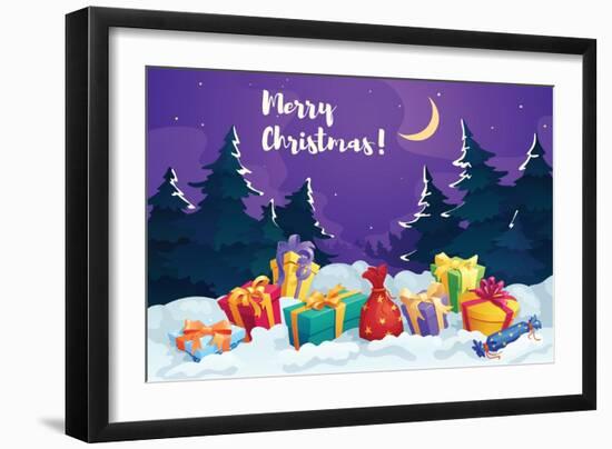 Christmas Gift Box in Snow Greeting Card. Christmas Present Box and Santa Gift Bag with Red Ribbon-seamartini-Framed Art Print