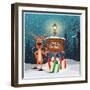 Christmas Greeting Card - Snowy Winter Background. Christmas Reindeer Signing at Wood Board with Me-ziko-Framed Art Print