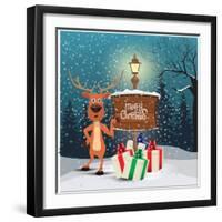 Christmas Greeting Card - Snowy Winter Background. Christmas Reindeer Signing at Wood Board with Me-ziko-Framed Art Print