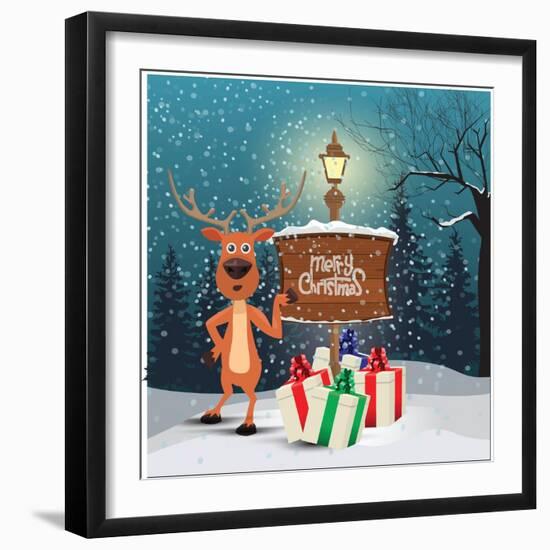 Christmas Greeting Card - Snowy Winter Background. Christmas Reindeer Signing at Wood Board with Me-ziko-Framed Art Print