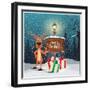 Christmas Greeting Card - Snowy Winter Background. Christmas Reindeer Signing at Wood Board with Me-ziko-Framed Art Print