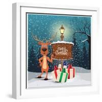 Christmas Greeting Card - Snowy Winter Background. Christmas Reindeer Signing at Wood Board with Me-ziko-Framed Art Print