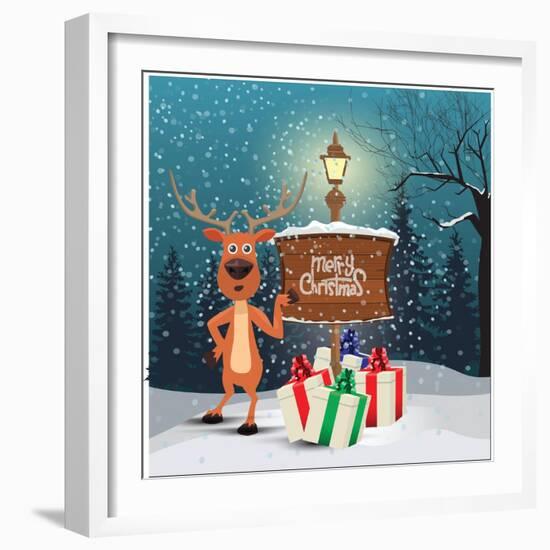 Christmas Greeting Card - Snowy Winter Background. Christmas Reindeer Signing at Wood Board with Me-ziko-Framed Art Print