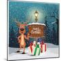 Christmas Greeting Card - Snowy Winter Background. Christmas Reindeer Signing at Wood Board with Me-ziko-Mounted Art Print