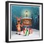 Christmas Greeting Card - Snowy Winter Background. Christmas Reindeer Signing at Wood Board with Me-ziko-Framed Premium Giclee Print