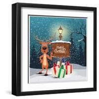 Christmas Greeting Card - Snowy Winter Background. Christmas Reindeer Signing at Wood Board with Me-ziko-Framed Art Print