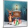 Christmas Greeting Card - Snowy Winter Background. Christmas Reindeer Signing at Wood Board with Me-ziko-Mounted Art Print