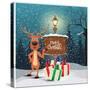 Christmas Greeting Card - Snowy Winter Background. Christmas Reindeer Signing at Wood Board with Me-ziko-Stretched Canvas