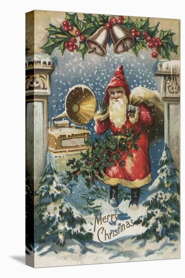 Christmas Greeting - Santa and Record Player-Lantern Press-Stretched Canvas