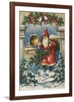 Christmas Greeting - Santa and Record Player-Lantern Press-Framed Art Print