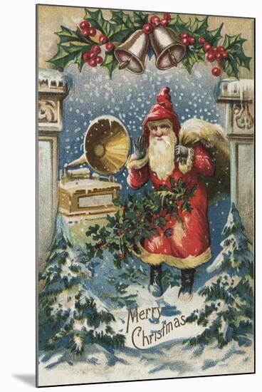 Christmas Greeting - Santa and Record Player-Lantern Press-Mounted Art Print