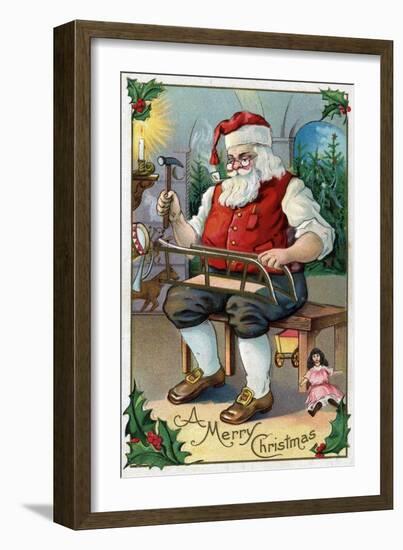 Christmas Greeting - Santa Building Sled-Lantern Press-Framed Art Print