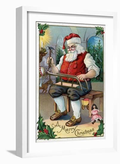 Christmas Greeting - Santa Building Sled-Lantern Press-Framed Art Print