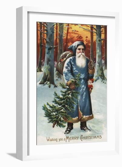 Christmas Greeting - Santa in Blue-Lantern Press-Framed Art Print