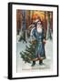 Christmas Greeting - Santa in Blue-Lantern Press-Framed Art Print