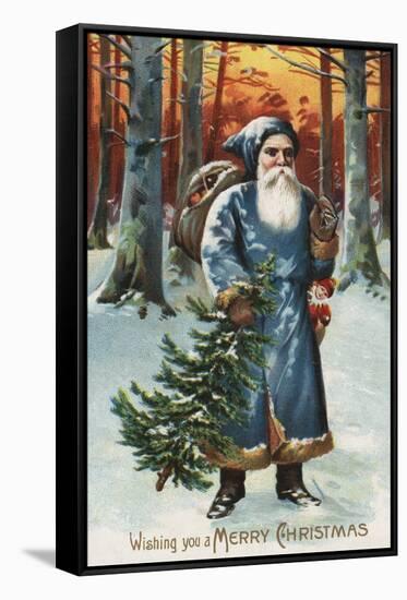 Christmas Greeting - Santa in Blue-Lantern Press-Framed Stretched Canvas