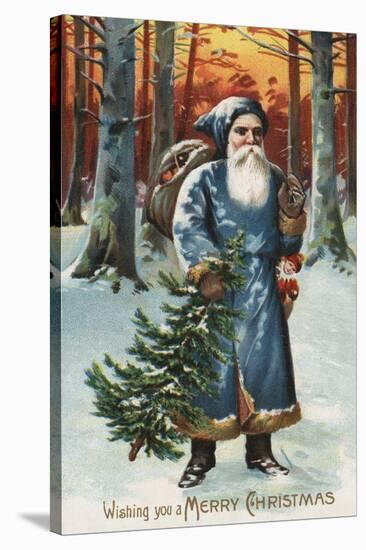 Christmas Greeting - Santa in Blue-Lantern Press-Stretched Canvas