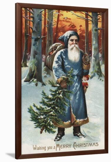 Christmas Greeting - Santa in Blue-Lantern Press-Framed Art Print