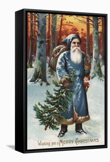 Christmas Greeting - Santa in Blue-Lantern Press-Framed Stretched Canvas