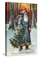 Christmas Greeting - Santa in Blue-Lantern Press-Stretched Canvas