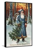 Christmas Greeting - Santa in Blue-Lantern Press-Framed Stretched Canvas