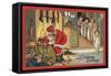 Christmas Greeting - Santa Pulling Out Gifts-Lantern Press-Framed Stretched Canvas