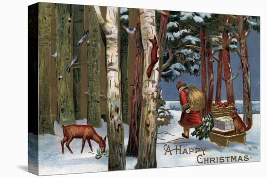 Christmas Greeting - Santa Through Forest-Lantern Press-Stretched Canvas