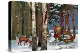 Christmas Greeting - Santa Through Forest-Lantern Press-Stretched Canvas