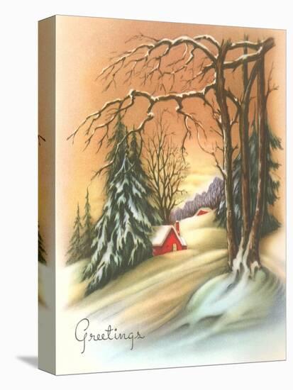 Christmas Greetings, Cabin in Snow-null-Stretched Canvas