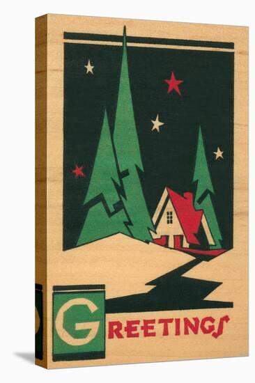 Christmas Greetings, Cabin, Pines, Stars-null-Stretched Canvas