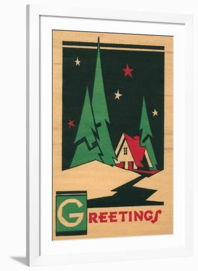 Christmas Greetings, Cabin, Pines, Stars-null-Framed Art Print