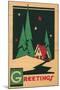 Christmas Greetings, Cabin, Pines, Stars-null-Mounted Art Print