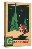 Christmas Greetings, Cabin, Pines, Stars-null-Stretched Canvas