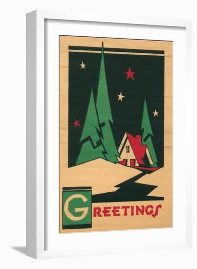 Christmas Greetings, Cabin, Pines, Stars-null-Framed Art Print